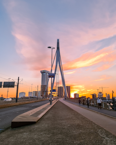 Sunset at the Erasmus Bridge in Rotterdam, the Netherlands