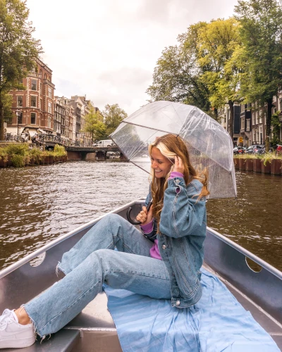 Rainy weather on the boat in Amsterdam, the Netherlands