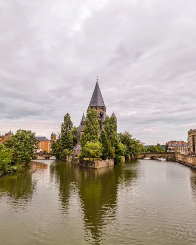 Temple Neuf and the Moselle river in Metz, France