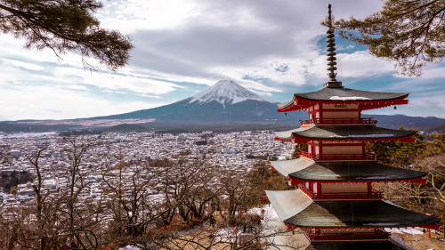Mt. Fuji from the Chureito Pagoda in Japan