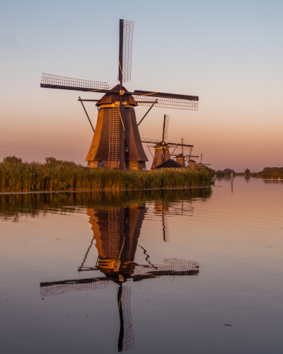Sunset at UNESCO World Heritage Kinderdijk, Holland, the Netherlands