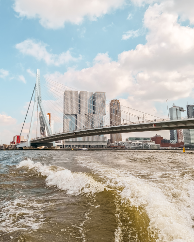 View of Erasmus Bridge from a water taxi in Rotterdam, the Netherlands