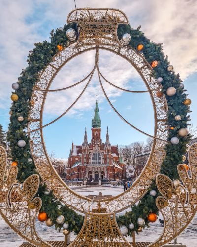 Christmas decorations and the Saint Joseph’s Church in Kraków, Poland