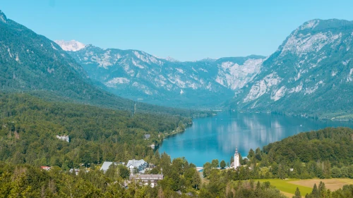 View of Lake Bohinj from Hill Pec in Slovenia