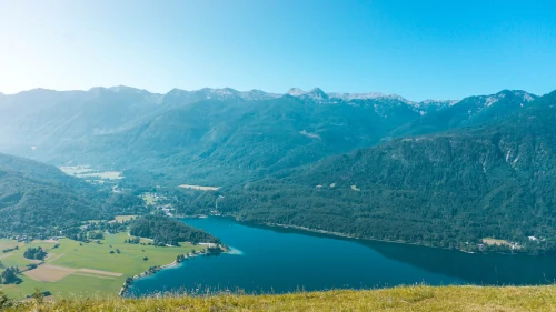 View of Lake Bohinj from Vogar in Triglav National Park, Slovenia