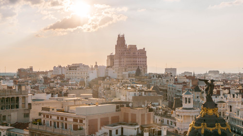 Sunset at Azotea del Circulo de Bellas Artes Rooftop in Madrid, Spain