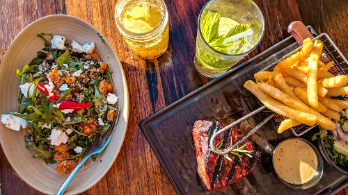 Having a salad and steak at Buckley's in Sydney, Australia